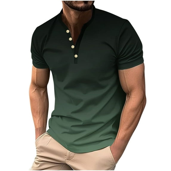 WREESH Men's Wave Gradient Henley Shirts Casual Short Sleeve Shirt with Button Front a Fresh Take On The Gradient with a Wave Pattern Multicolor