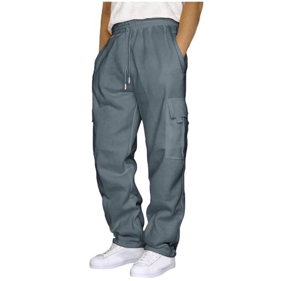 WREESH Men's Wide Leg Sweatpants Drawstring Elastic-Waist Solid Color Pocket Sweatants Gray