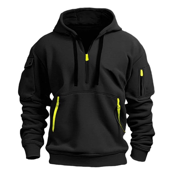 WREESH Men's Winter Cargo Hoodie Quarter Zip Pullover Tactical Athletic Hooded Sweatshirt for Hiking Outdoor Black