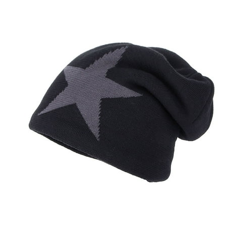WREESH Men's Woolen Beanie Knitted Wool Hat With Winter Velvet and Big Five Pointed Star Pullover for Outdoor Wear Black