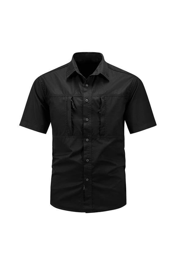 Men's Workwear Solid Color Cargo Zipper Pockets Short Sleeve Turndown Collar Button Down Shirt Black