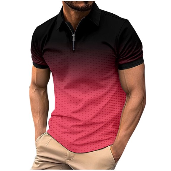 WREESH Men's Zippered Pullover Short Sleeve Sports Top with Gradient Design a Modern Zippered Top for Athletic Wear Pink