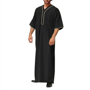 WREESH Mens Arab Muslim Middle Eastern Robe Loosed Long Sleeve Pullover Standing Neck Pocket Casual Robe Black