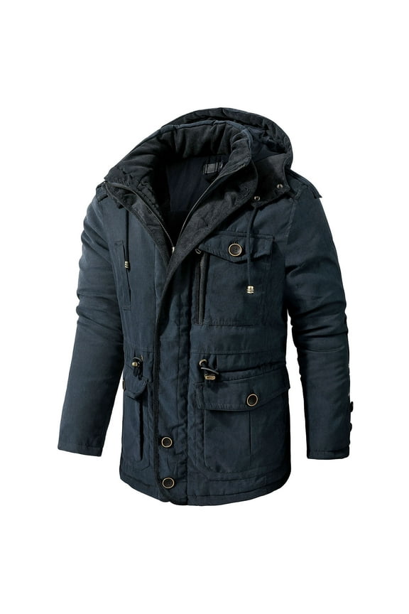 Mens Cargo Jacket Fleece Cotton Military Jackets Mid Length Hooded Padded Jacket Thicken Warm Winter Coats Blue