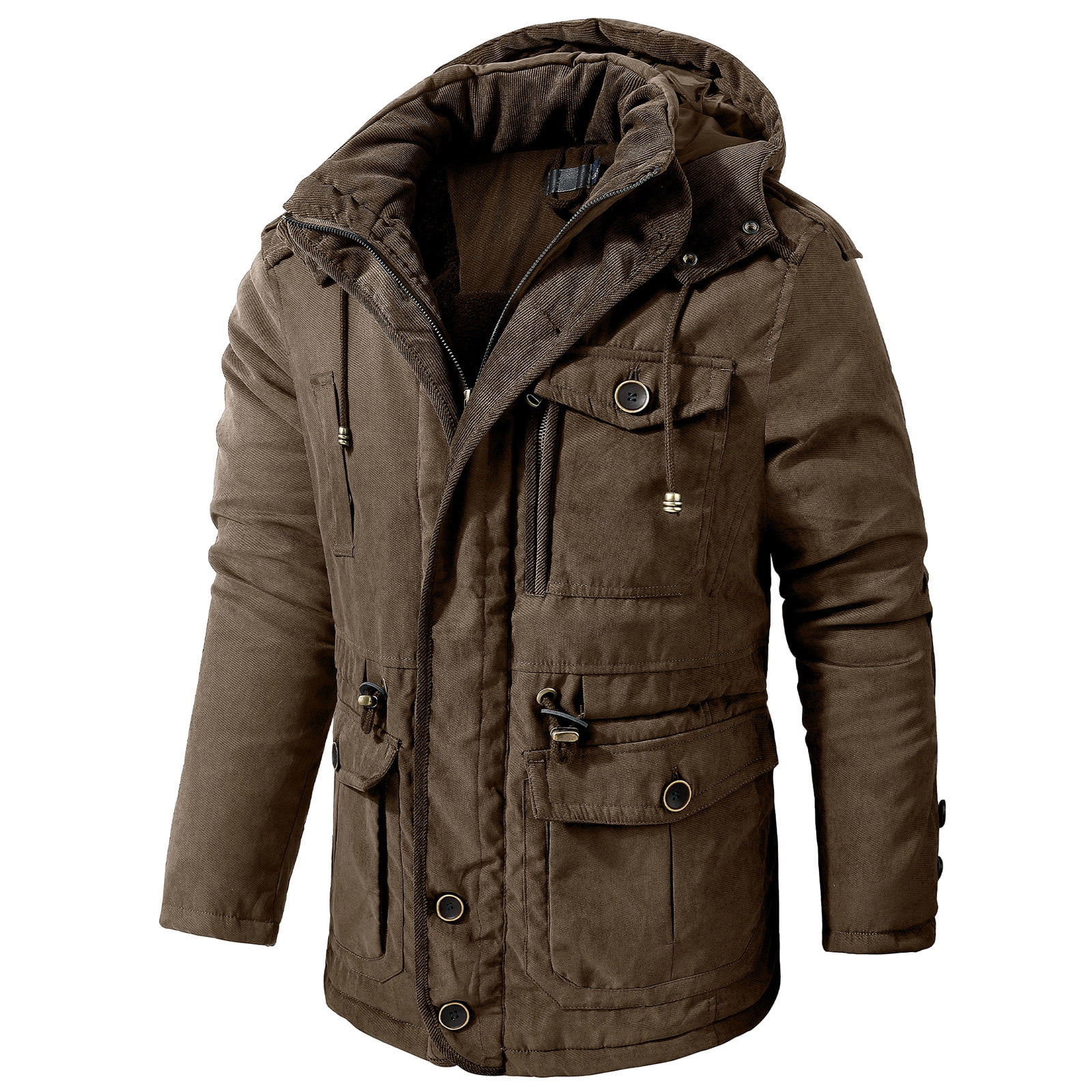 WREESH Mens Cargo Jacket Fleece Cotton Military Jackets Mid Length Hooded  Padded Jacket Thicken Warm Winter Coats Brown 