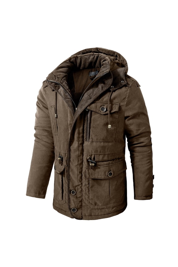 Mens Cargo Jacket Fleece Cotton Military Jackets Mid Length Hooded Padded Jacket Thicken Warm Winter Coats Brown