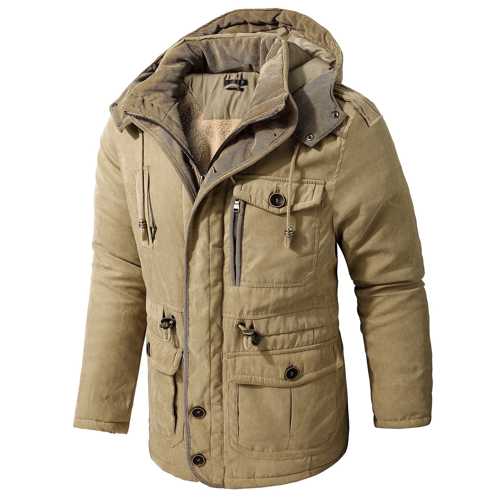 WREESH Mens Cargo Jacket Fleece Cotton Military Jackets Mid Length Hooded  Padded Jacket Thicken Warm Winter Coats Brown 