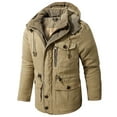 thumbnail image 1 of WREESH Mens Cargo Jacket Fleece Cotton Military Jackets Mid Length Hooded Padded Jacket Thicken Warm Winter Coats Khaki, 1 of 9