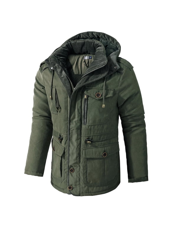 Mens Cargo Jacket Fleece Cotton Military Jackets Mid Length Hooded Padded Jacket Thicken Warm Winter Coats Olive Green