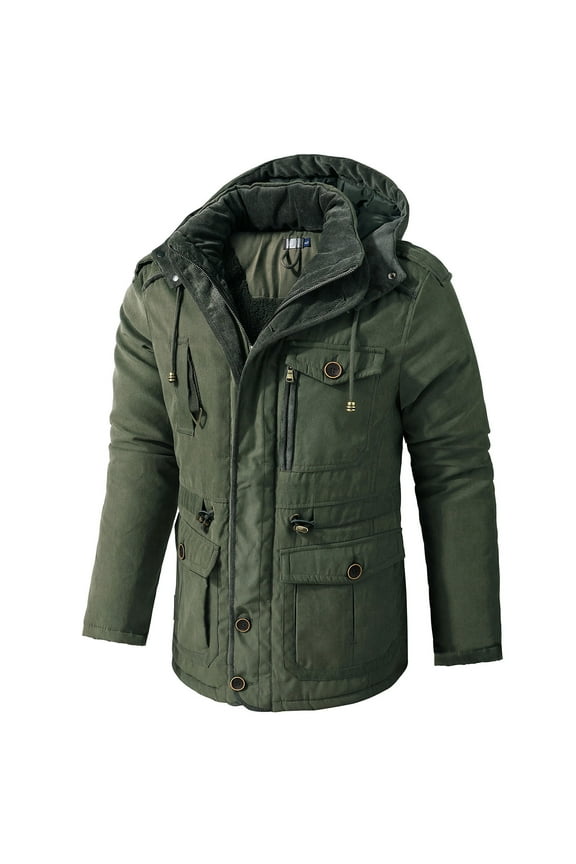 Mens Cargo Jacket Fleece Cotton Military Jackets Mid Length Hooded Padded Jacket Thicken Warm Winter Coats Olive Green
