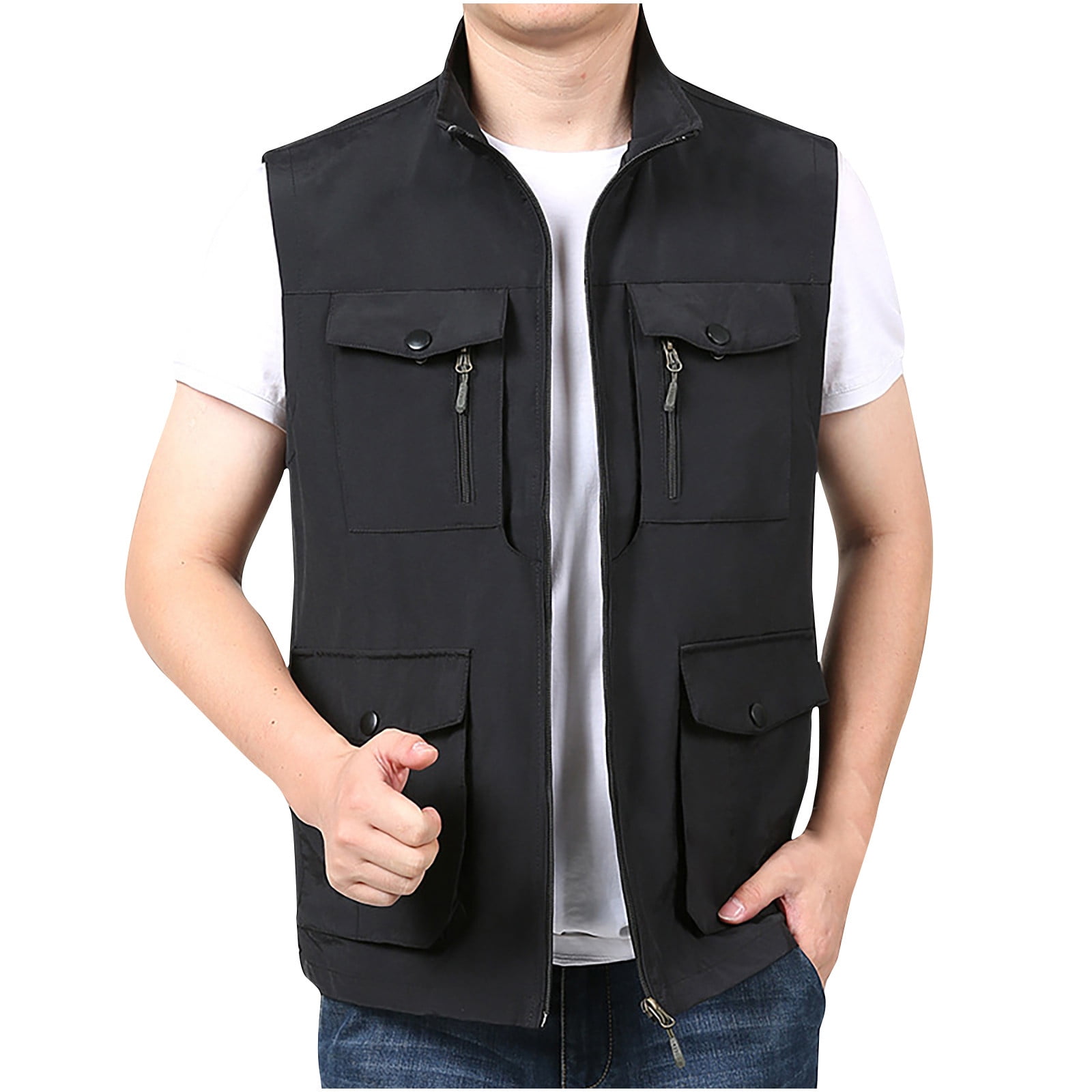 WREESH Mens Cargo Vest Jacket Casual Stand Collar Work Vests Outdoor Travel Photography  Vest Multi Pockets Black 