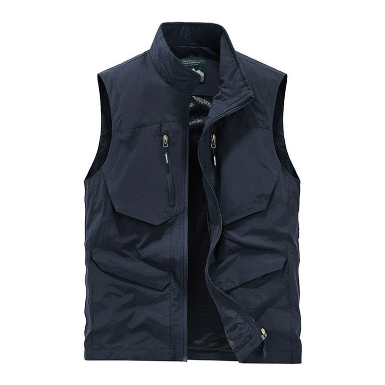 WREESH Mens Cargo Vest Jacket Casual Stand Collar Work Vests Outdoor Travel Photography Vest Multi Pockets Dark Blue Walmart
