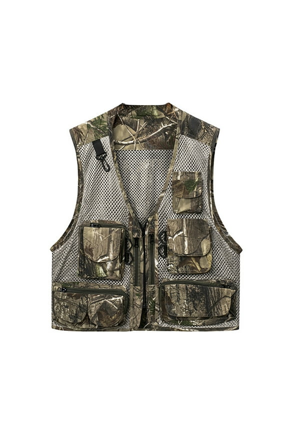 Mens Cargo Vest Jacket Quick Drying Hiking Vest Breathable Mesh Work Vest Fishing Vests with Multi Pockets Camouflage