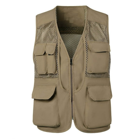 WREESH Mens Cargo Vest Jacket Quick Drying Hiking Vest Breathable Mesh Work Vest Fishing Vests with Multi Pockets Khaki
