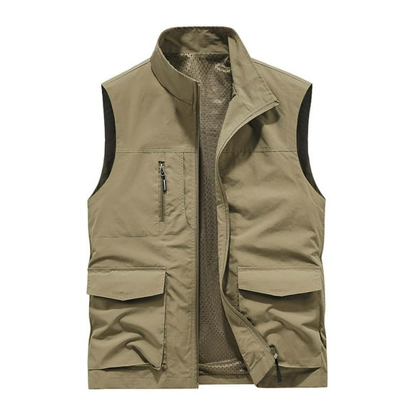 WREESH Mens Cargo Vest Thin Lightweight Sport Vest Casual Outdoor Travel Vest Fishing Vests Khaki