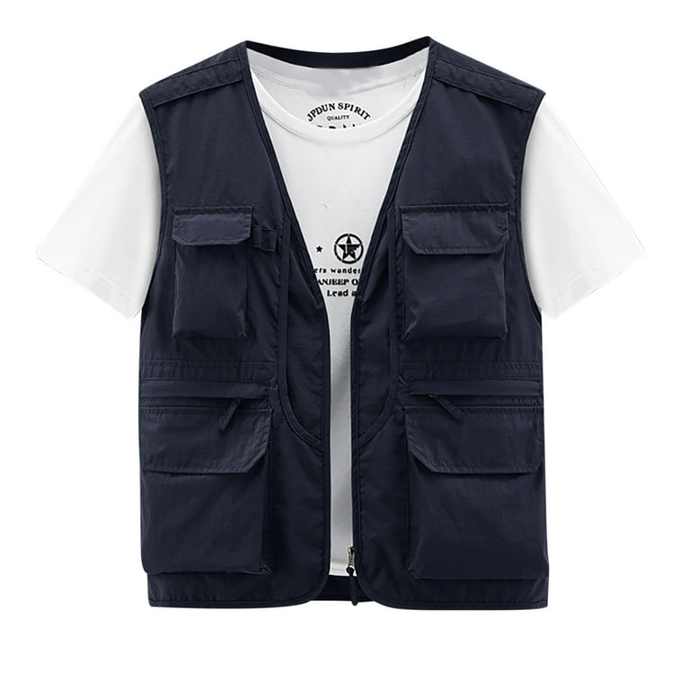 WREESH Mens Cargo Vest Thin Lightweight Work Vest Quick Drying Vest Casual  Outdoor Travel Photography Vest with Multi Pockets Dark Blue