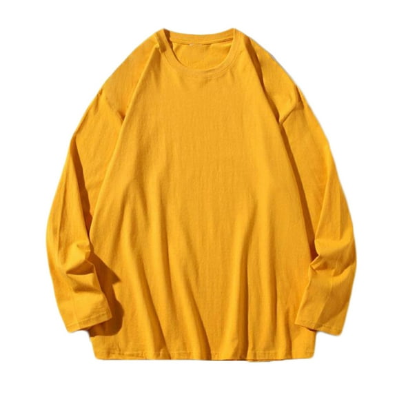 WREESH Mens Casual Hoodies Crewneck Sweatshirts Solid Pullover Long Sleeved Thin T Shirt Top Yellow