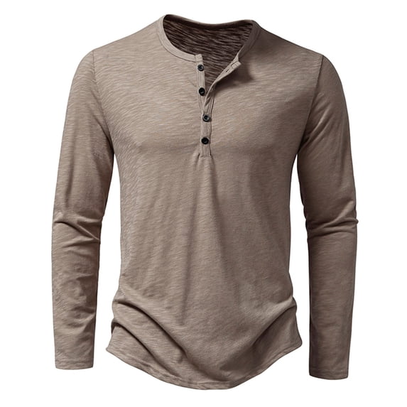WREESH Mens Casual Workout Shirt Solid Long Sleeve T Shirt Button Up Crewneck Pullover Soft Breathable Undershirt Khaki