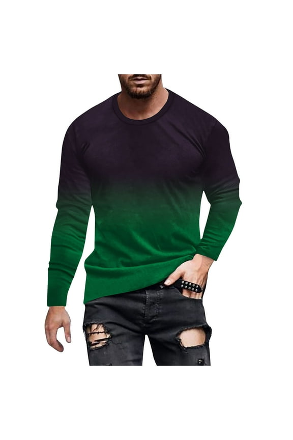 Mens Casual Workout Shirts Gradient Color T Shirts Long Sleeve Crew Neck Pullover Basic Soft Slim Fit Top Green