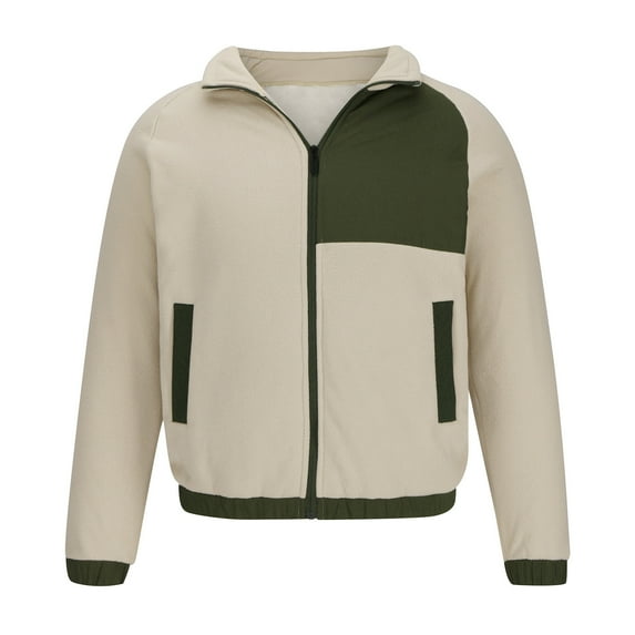 WREESH Mens Color Block Fleece Jacket Casual Slim Zip Up Jackets Warm Winter Coats Comfy Outdoor Sunscreen Jacket Khaki