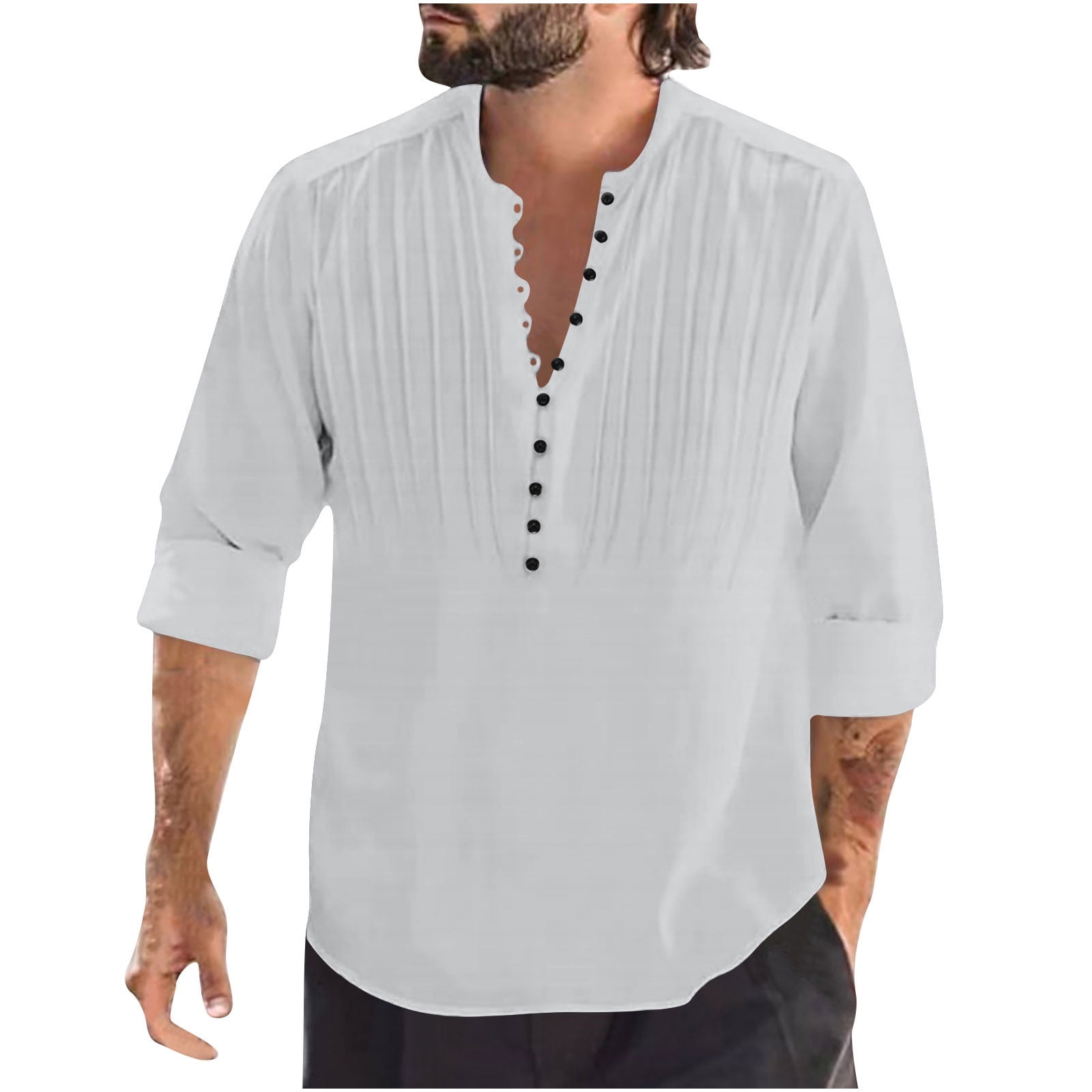 WREESH Mens Cotton Linen Shirts Fashion Low Cut Tops Classic V
