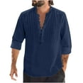 thumbnail image 1 of WREESH Mens Cotton Linen Shirts Fashion Low Cut Tops Classic V Neck Long Sleeve T Shirt Breathable Stretch Pullover Navy, 1 of 6