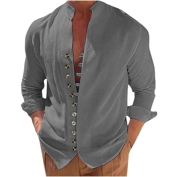 WREESH Mens Cotton Linen Shirts Vintage Slim Linen Shirt Button Up Long Sleeve Shirt Casual Solid Pullover With Pocket Gray