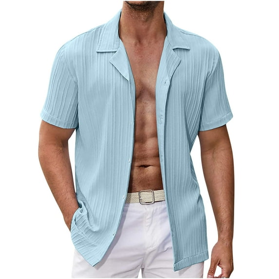 WREESH Mens Cotton linen Shirts Casual Wave Striped Shirt Short Sleeve Button Down Shirt Summer Beach Shirts Light Blue