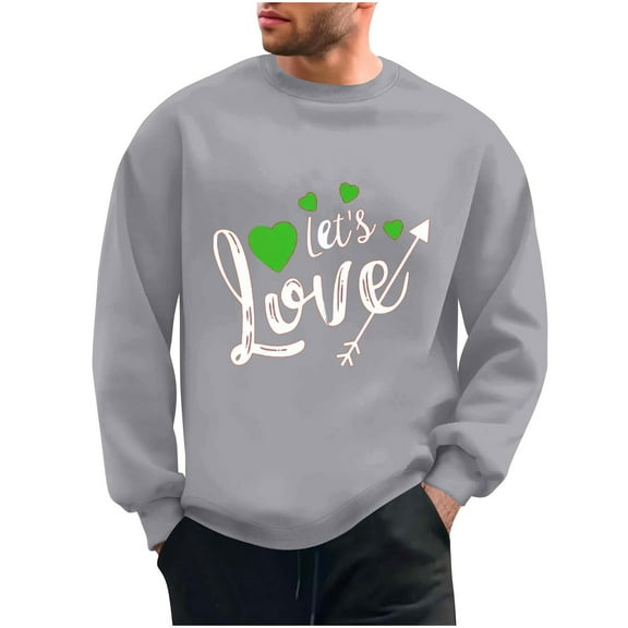 WREESH Mens Crewneck Sweatshirts Graphic Valentine's Day Love Printed Crewneck Sweatshirts Casual Pullover Gray