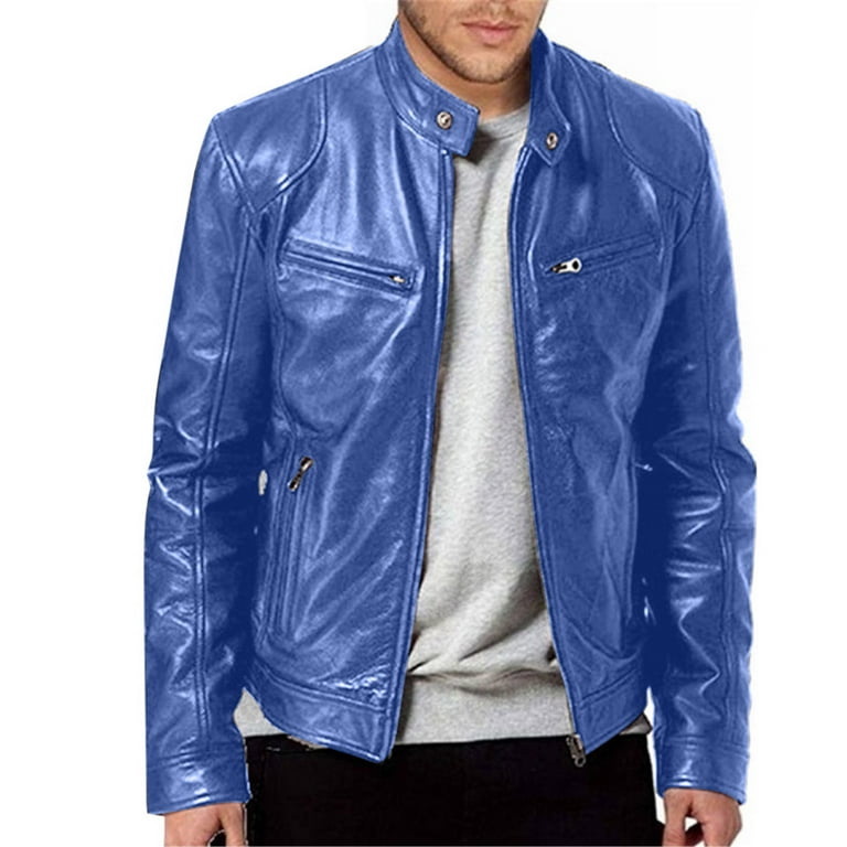 WREESH Mens Faux Leather Jackets Stand Collar Zipper Motorcycle Jacket Slim Windproof Jacket Riding Club Jacket Blue Walmart