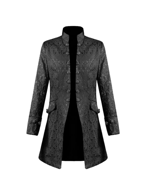 Mens Gothic Tailcoat Jacket Vintage Floral Luxury Jacquard Overcoat Medieval Court Standing Collar Frock Coat Double Breasted Trench Coat Black