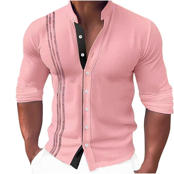 WREESH Mens Hawaiian Beach Shirt Dress Shirts Workout Shirt Slim Fit Suit Shirt Solid Color Long Sleeve Pullover Causal Button Up Undershirt Pink