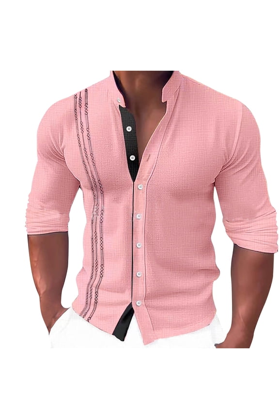Mens Hawaiian Beach Shirt Dress Shirts Workout Shirt Slim Fit Suit Shirt Solid Color Long Sleeve Pullover Causal Button Up Undershirt Pink