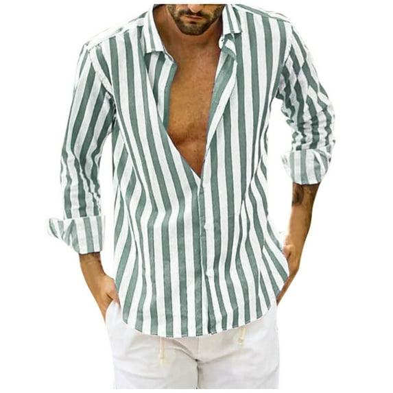 WREESH Mens Hawaiian Shirt True Classic Tees Striped Graphic Shirt Button Long Sleeve Shirts Casual Breathable Tops Green