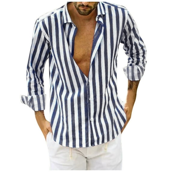 WREESH Mens Hawaiian Shirt True Classic Tees Striped Graphic Shirt Button Long Sleeve Shirts Casual Breathable Tops Navy