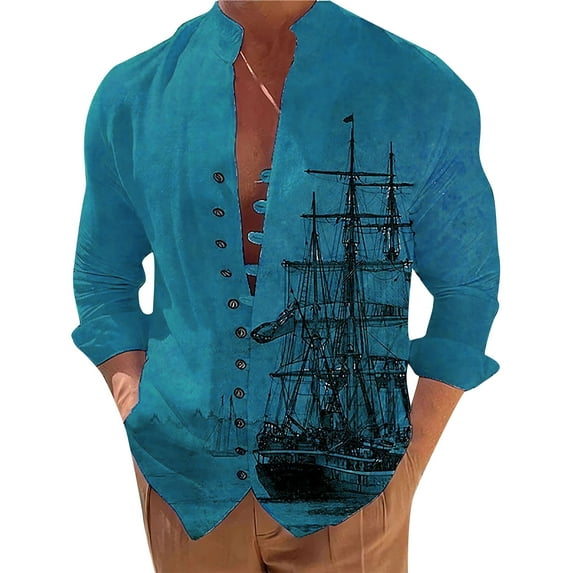 WREESH Mens Hawaiian Shirts Long Sleeve Graphic Print Shirts Cardigan Button Shirts Casual Beach Wear Blue