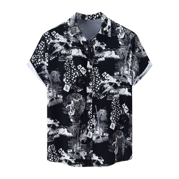 WREESH Mens Hawaiian Summer Beach Shirt Unisex Short Sleeve Color Block Shirts Graphic Printed Button Down Shirts with Pocket Black