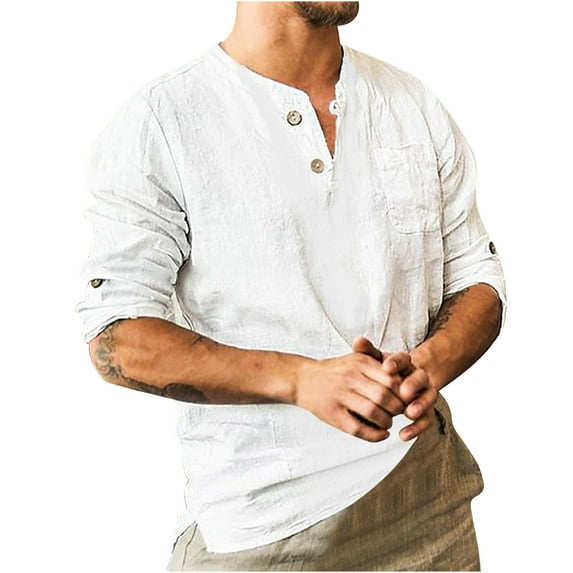 WREESH Mens Henley Neck Shirt Solid Color Long Sleeve Tees Simple Formal Commuter Shirt Casual Undershirt Workout Top White