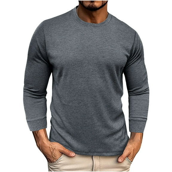 WREESH Mens Henley Shirts Workout Shirt Knit Undershirt Solid Long Sleeve Crew Neck Pullover Slim Fit Causal T Shirts Dark Gray