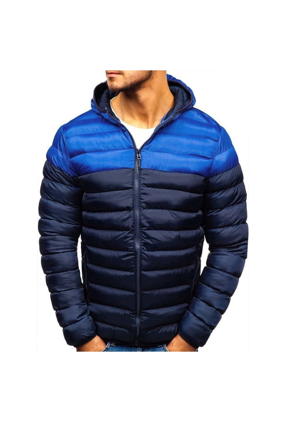 Mens Hooded Puffer Jacket Trendy Color Block Zipper Jacket Trendy Heavy Padded Coat Windproof Warm Winter Coats Blue