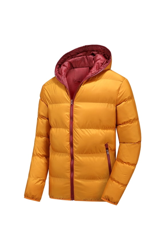 Mens Hooded Zipper Jacket Cotton Quilted Heavy Coats Windproof Winter Warm Coat with Pockets Orange
