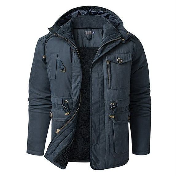 WREESH Mens Military Jacket Hooded Zipper Parka Coats Thick Fleece Lined Stand Collar Heavy Coats Windproof Warm Winter Coats Blue
