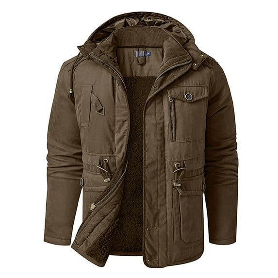 WREESH Mens Military Jacket Hooded Zipper Parka Coats Thick Fleece Lined Stand Collar Heavy Coats Windproof Warm Winter Coats Brown