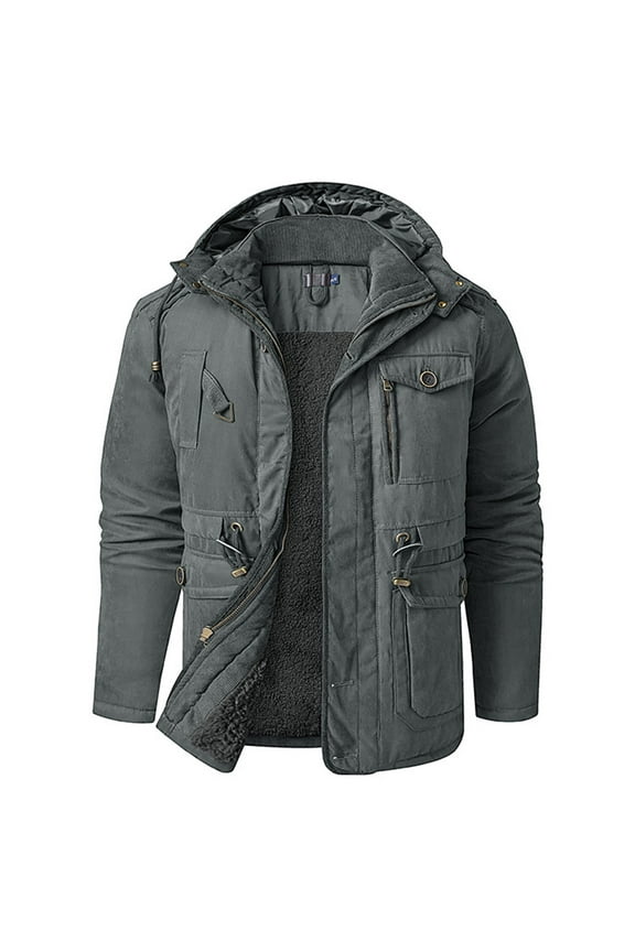 Mens Military Jacket Hooded Zipper Parka Coats Thick Fleece Lined Stand Collar Heavy Coats Windproof Warm Winter Coats Gray