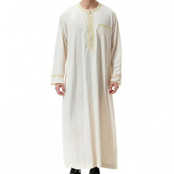 WREESH Mens Muslim Arab Middle Robe Embroidered Crew Neck Zip Up Shirts Loosed Long Sleeve Pullover Casual Robe With Pocket Beige