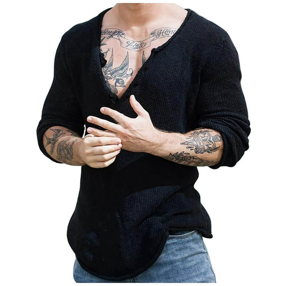 WREESH Mens Oversized Sweaters Knitted Sweaters Solid Color V Neck Sweater Lightweight Muscle Undershirt Trendy Loose Long Sleeve Pullover Tops Black