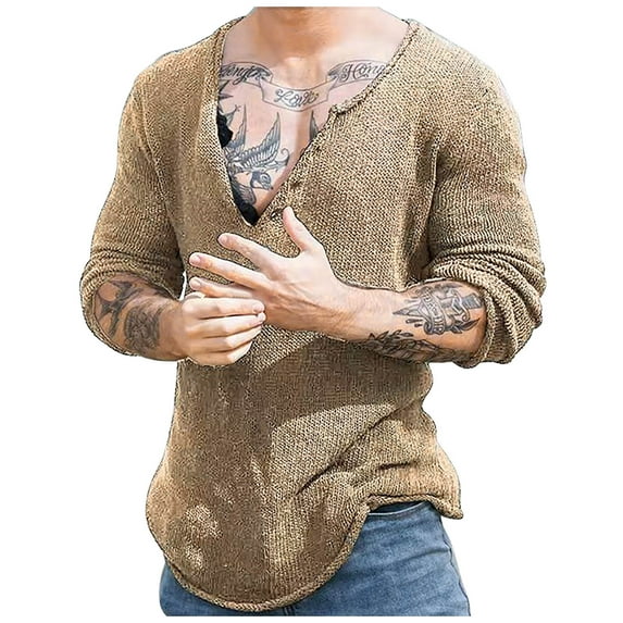 WREESH Mens Oversized Sweaters Knitted Sweaters Solid Color V Neck Sweater Lightweight Muscle Undershirt Trendy Loose Long Sleeve Pullover Tops Khaki