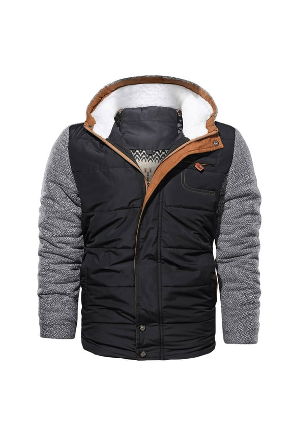 Mens Quilted Padded Coats Zipper Hooded Fleece Lined Parka Jacket Patchwork Sleeve Heavy Coats Winter Thickened Warm Coats Black