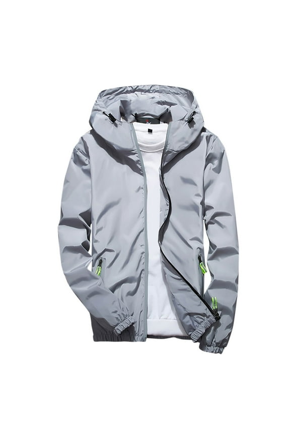 Mens Reflective Windbreaker Jacket Lightweight Zipper Hooded Jacket Fall Outdoor Running Jacket Suitable for Teen Gray