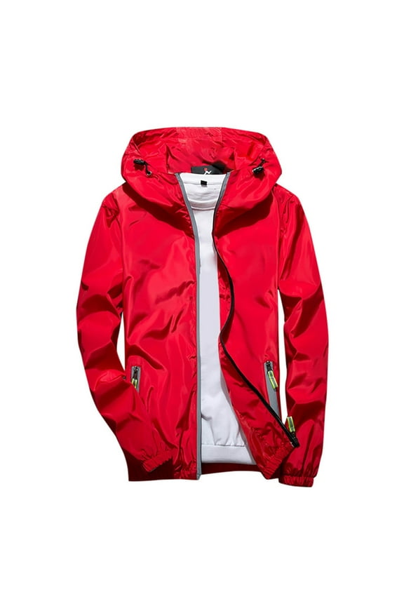 Mens Reflective Windbreaker Jacket Lightweight Zipper Hooded Jacket Fall Outdoor Running Jacket Suitable for Teen Red